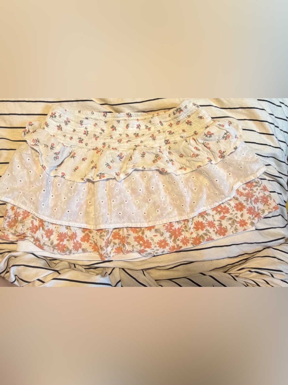 Girls Tiered Floral Eyelet Mini Skirt in Cream and Peach